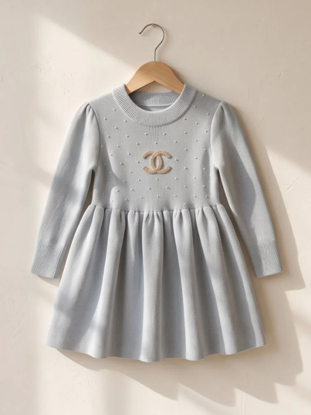 Rhinestone Luxury Cotton Knit Blue Designer Logo Dress